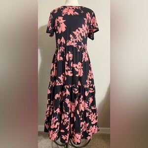 Pink and Black Floral Short Sleeve Midi Dress Full Tiered Skirt XL
